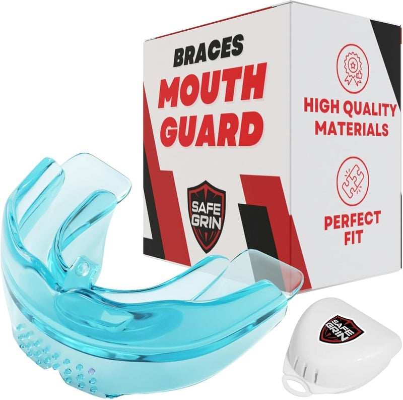 SAFE GRIN SafeGrin Blue Mouth Guard for Braces for Sports - Premium Silicone Teens & Youth Upper & Lower Teeth Protection for Sports - Football, Lacrosse, Hockey, Baseball - Image 1